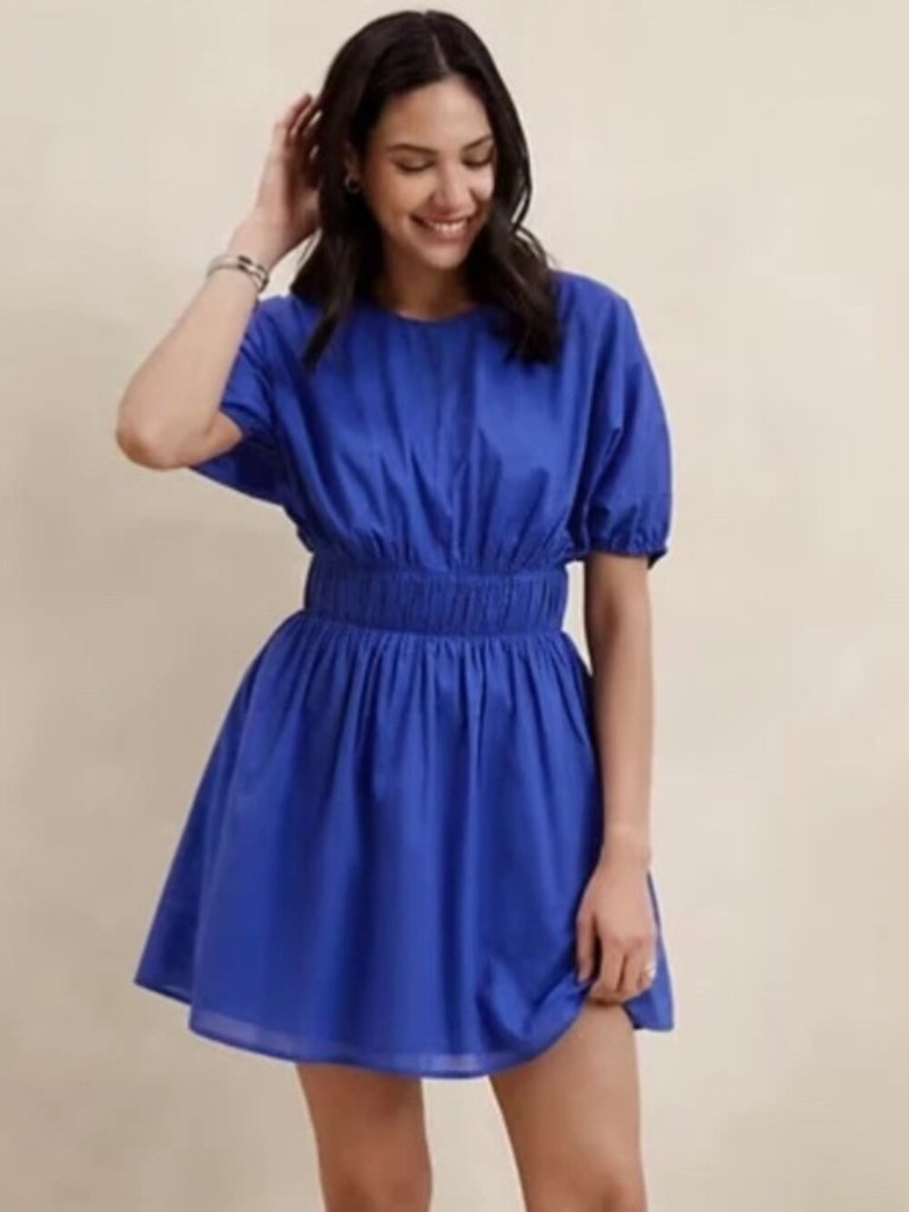 BANANA REPUBLIC Women’s MEDIUM Royal Blue Voile Dress Puff Sleeve Ruched Waist..